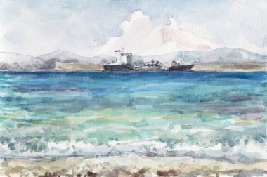 Yazın gemileri olan Rodos Limanı, yağlı boya tabloları