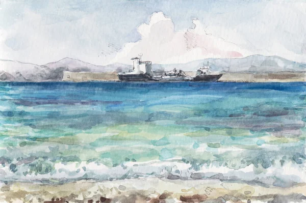 Porto de Rodes com navios no verão, pintura a óleo — Fotografia de Stock