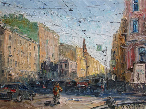 Sint-Petersburg straat in de zomer, olieverfschilderij met paletmes — Stockfoto