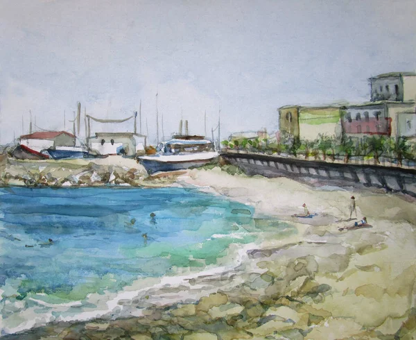 Yazın gemileri olan Rodos Limanı, yağlı boya tabloları