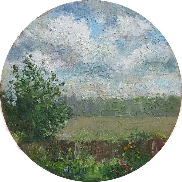 Paisagem de verão com um campo e uma árvore, pintura a óleo — Fotografia de Stock
