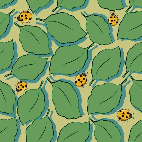 Hintergrund mit Blättern und Marienkäfern — Stockvektor