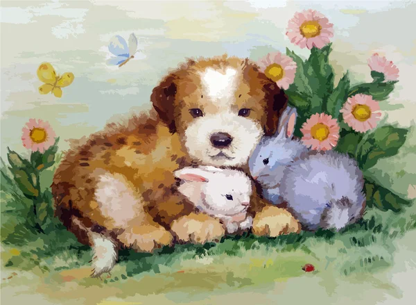 Cachorro e coelhos pintura a óleo —  Vetores de Stock