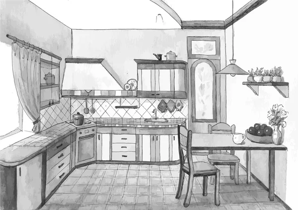 Intérieur d'une cuisine à l'aquarelle — Image vectorielle