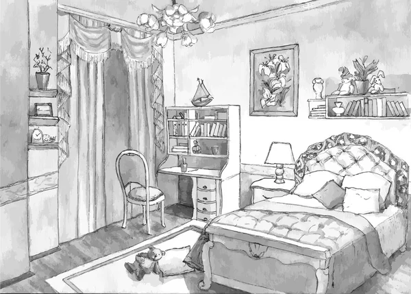 Desain kamar tidur lukisan cat air - Stok Vektor