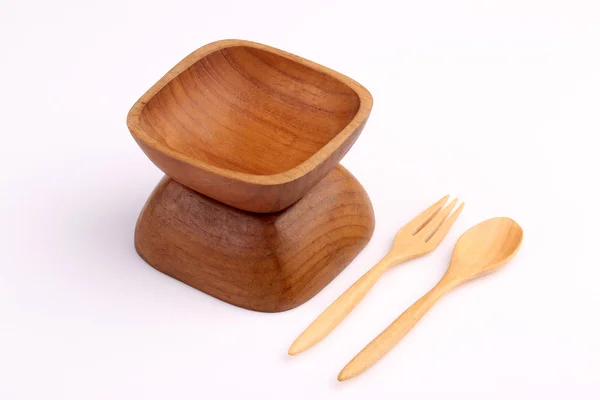 Wooden bowl with wooden fork and wooden spoon made by Teak isola — Stock Photo, Image