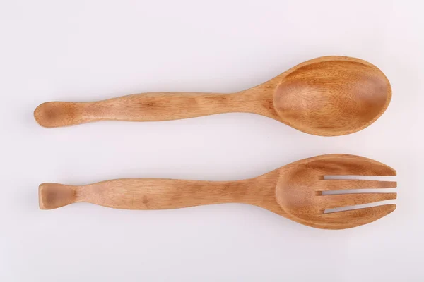 Wooden spoon and wooden fork isolated on white background — Stock Photo, Image