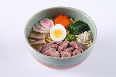 Beef shoyu ramen isolated on white background, beef with japanes