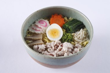 pork shoyu ramen isolated on white background, deep fried pork w