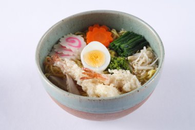 Shrimp Tempura shoyu ramen isolated on white background, deep fr