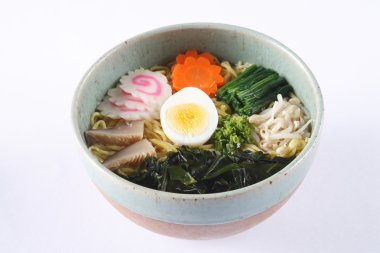 Seaweed shoyu ramen isolated on white background, deep fried por