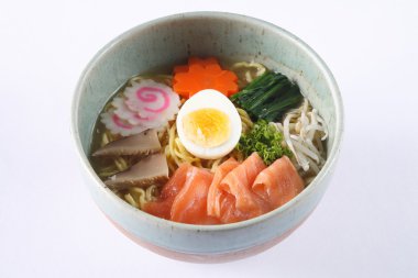 Salmon shoyu ramen isolated on white background, Raw slided salm