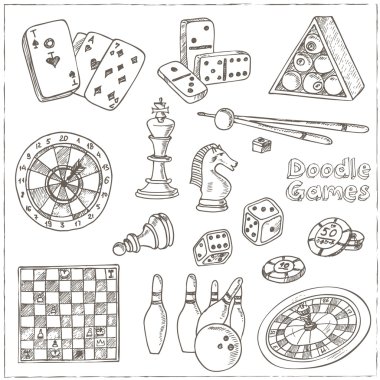 Elle çizilmiş doodle Oyunları seti.