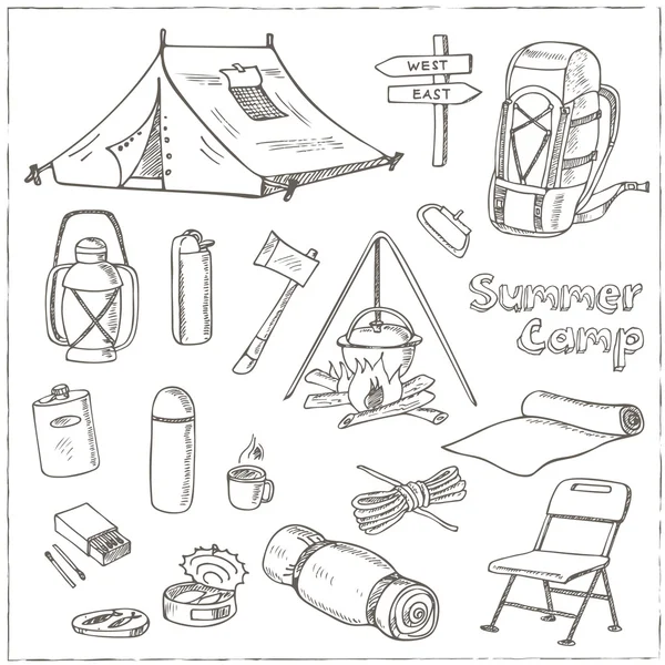 Zeichnungen der Campingausrüstung. — Stockvektor