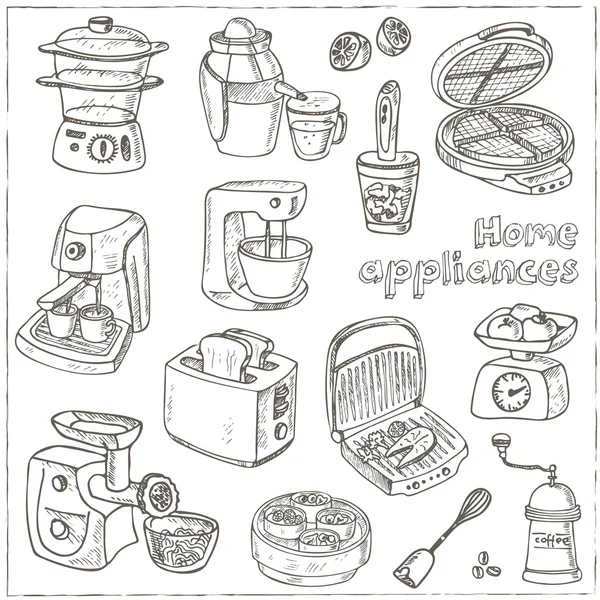 Eletrodomésticos conjunto doodle temático . —  Vetores de Stock