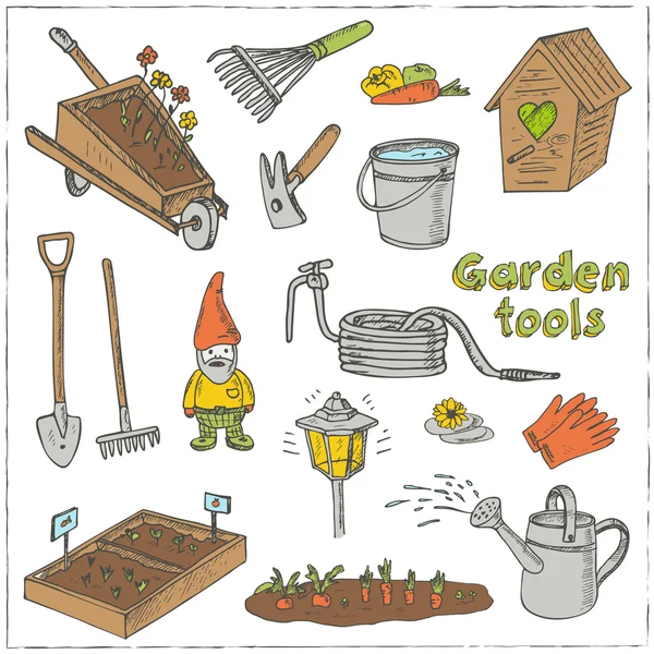 Trädgårdsverktyg Doodle set. — Stock vektor