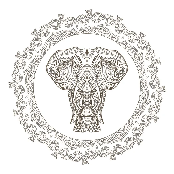 Elefante étnico indio en marco de mandala — Vector de stock