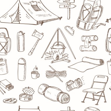 El çizilmiş kamp ekipmanları çizimleri sorunsuz desen.