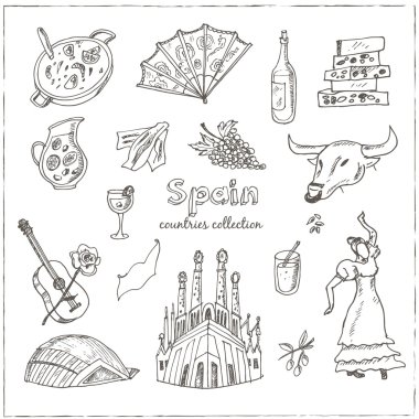 Elle çizilmiş doodle İspanya simgeler kümesi.
