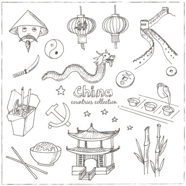 Elle çizilmiş doodle Çin simgeler kümesi.
