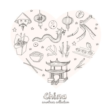 Elle çizilmiş doodle Çin simgeler kümesi.