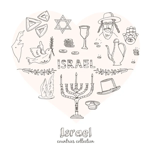 Hand getrokken doodle Israël symbolen set. — Stockvector