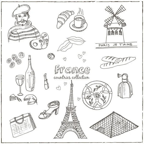 Hand drawn doodle France symbols set. — Stock Vector