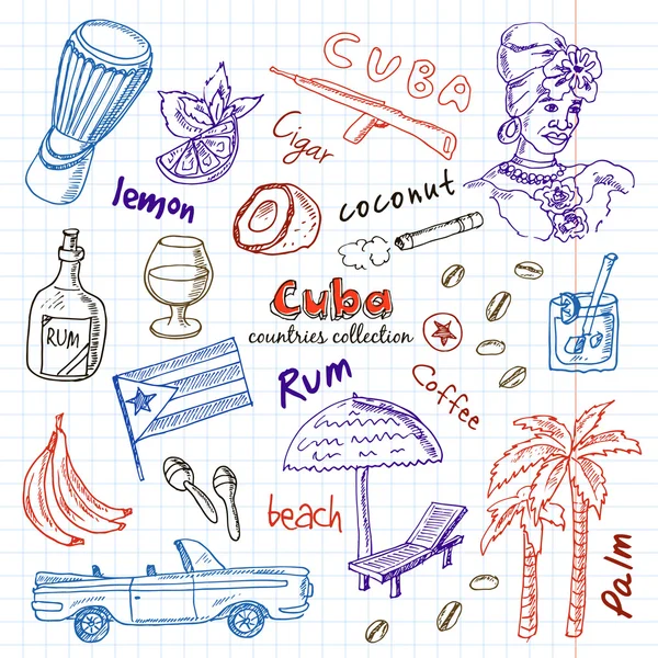 Set de voyage Cuba gribouillé à la main . — Image vectorielle