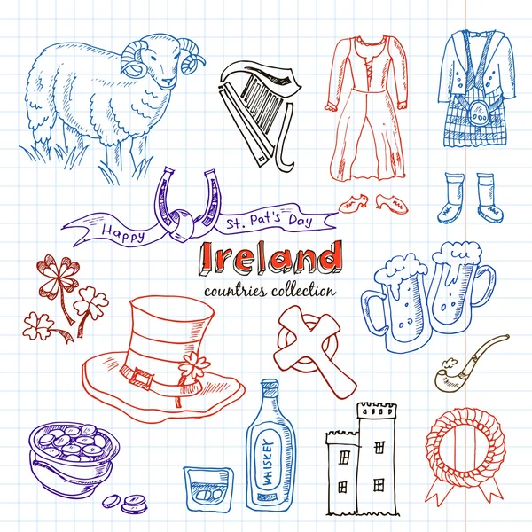 Garabato dibujado a mano Irlanda símbolos conjunto . — Vector de stock