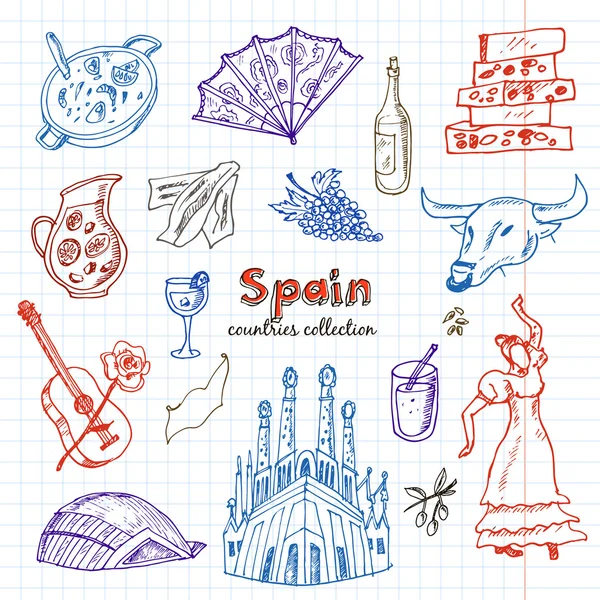 Doodle desenhado à mão Espanha conjunto de símbolos . — Vetor de Stock