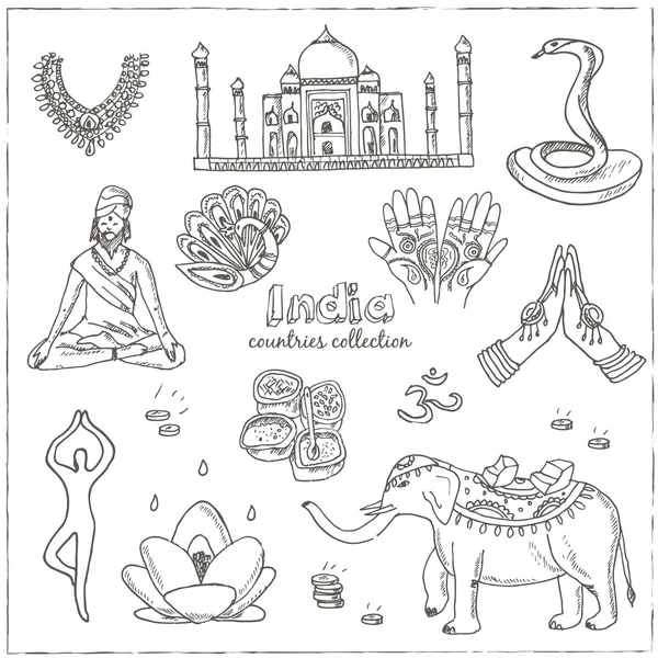 Handgezeichnetes Doodle Indien Symbolset. — Stockvektor