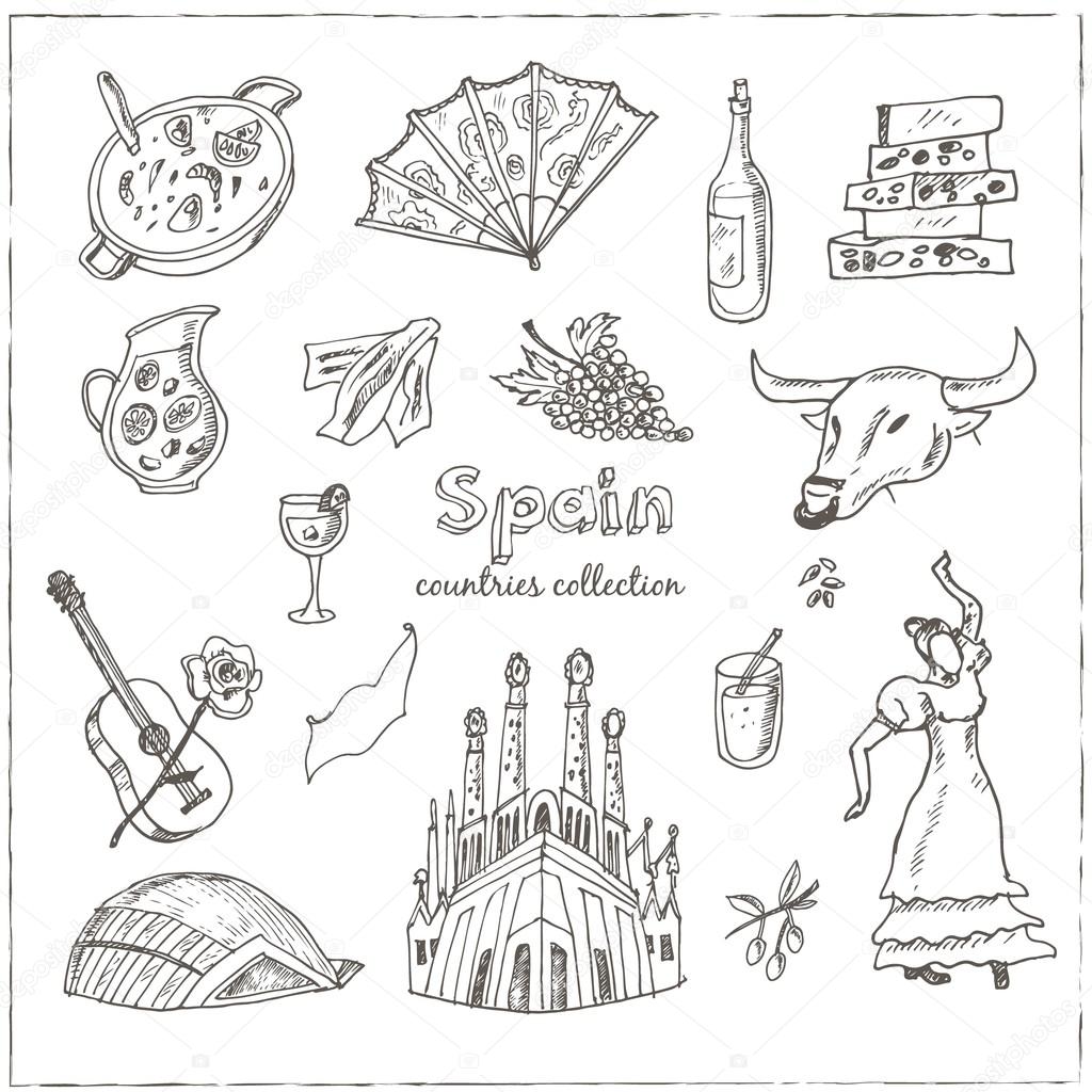 Hand drawn doodle Spain symbols set. Sketchy Icons set. Travel Collection. Isolated vector illustration.