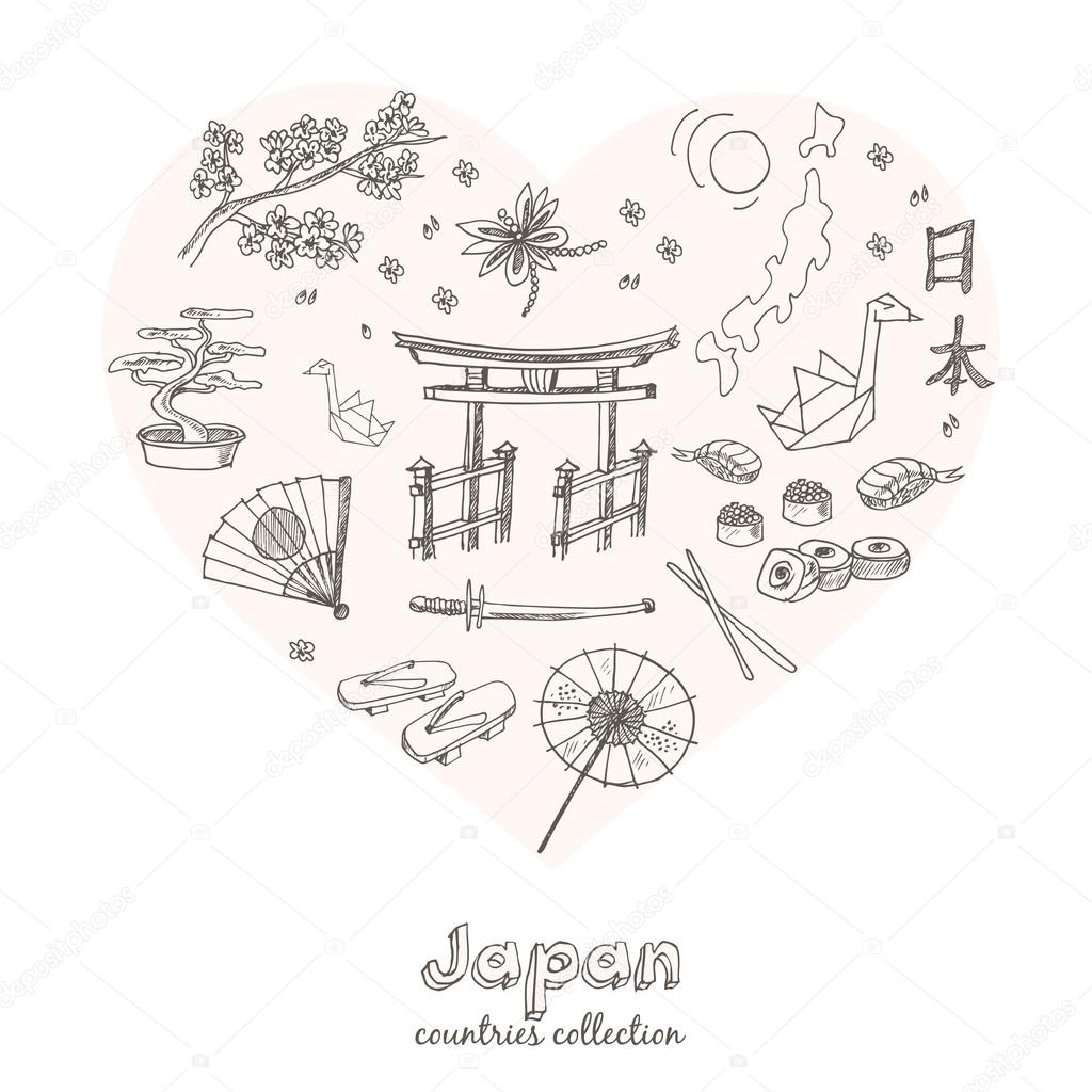 Hand drawn doodle Japan symbols set. Sketchy Icons set. Travel  Collection. Isolated vector illustration.