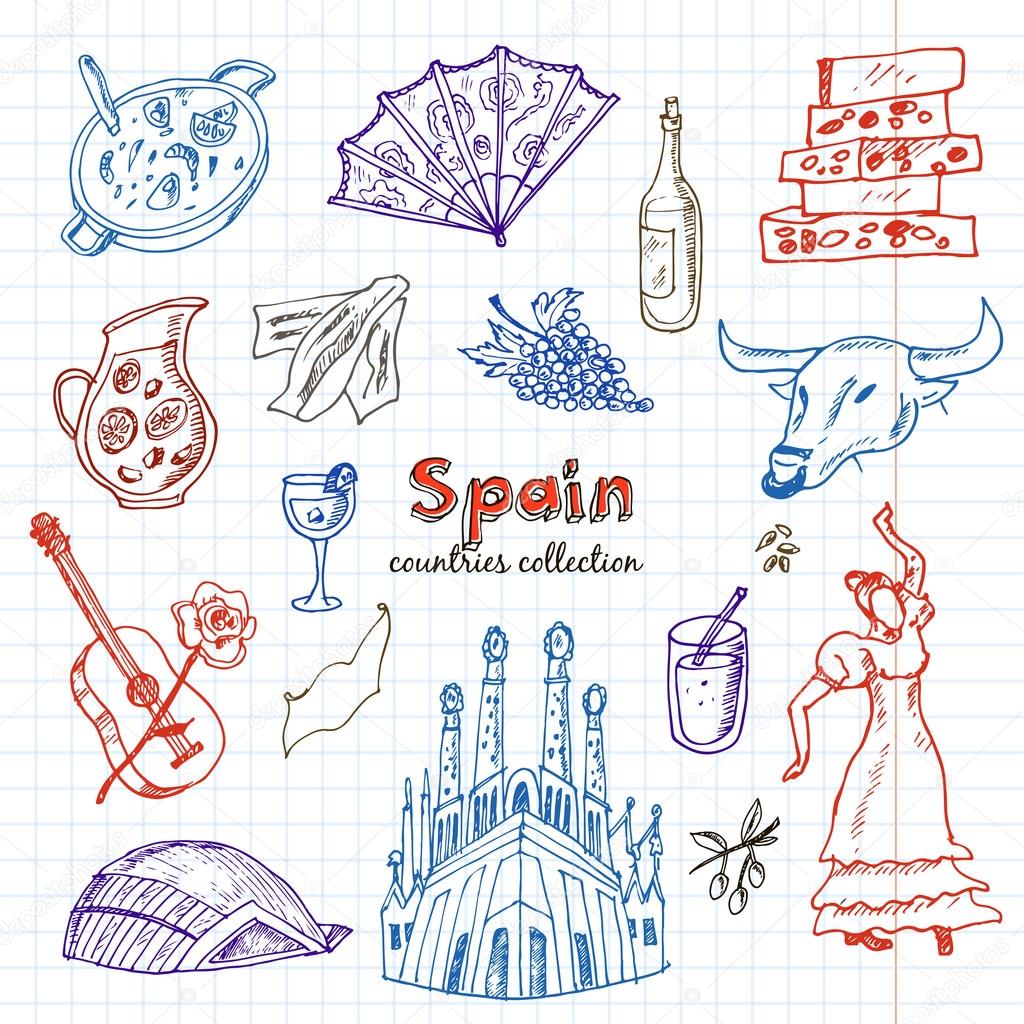 Hand drawn doodle Spain symbols set. Sketchy Icons set. Travel Collection. Isolated vector illustration.