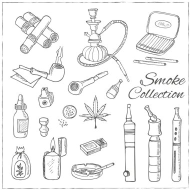 Nargile, vape, esrar ve borular Retro duman kümesiyle doodle.