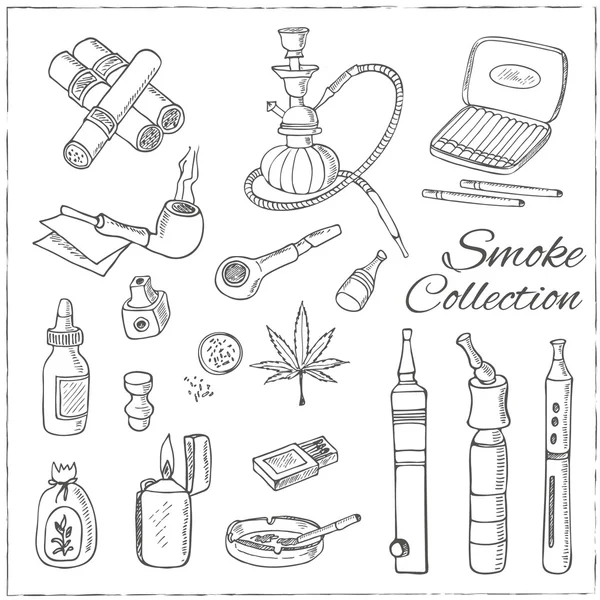 Doodle fumaça retro set com narguilé, vape, cannabis e tubos . — Vetor de Stock
