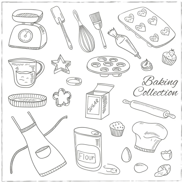 Set Baking tools. Hand getrokken collectie. — Stockvector