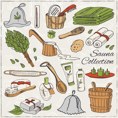 Sauna aksesuarları kümesi doodle.