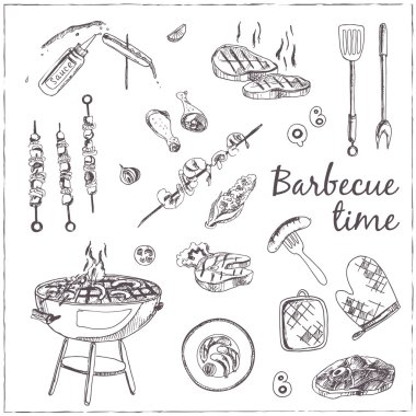 Vektör el barbekü araçları ile çizilmiş seti.