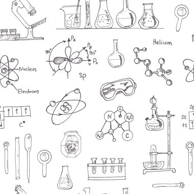 Doodle Science Lab Nesneler Dikişsiz Desen.