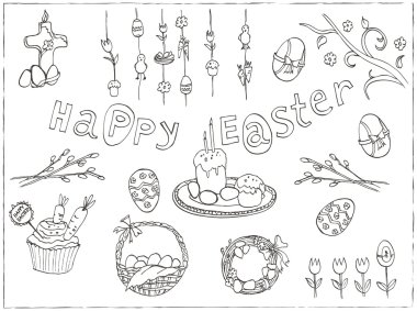 Paskalya elle çizilmiş geleneksel semboller.