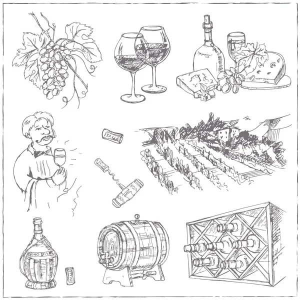 Conjunto de dibujos de vino. Bocetos. Dibujo a mano. Ilustración del vector — Vector de stock