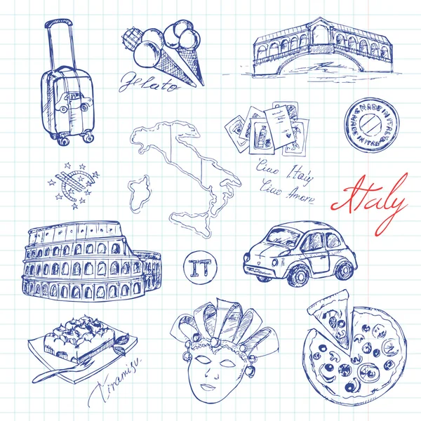 Conjunto de desenhos italianos. Esboços. Desenho manual . —  Vetores de Stock