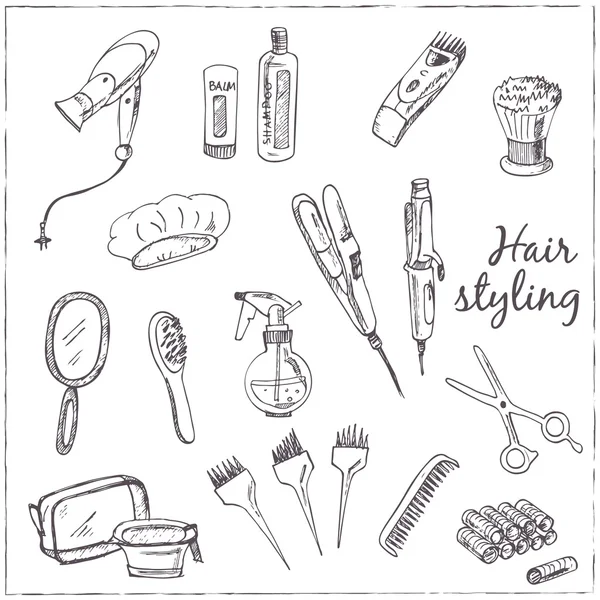 Hand getekende tools voor make-up en kapsel. — Stockvector