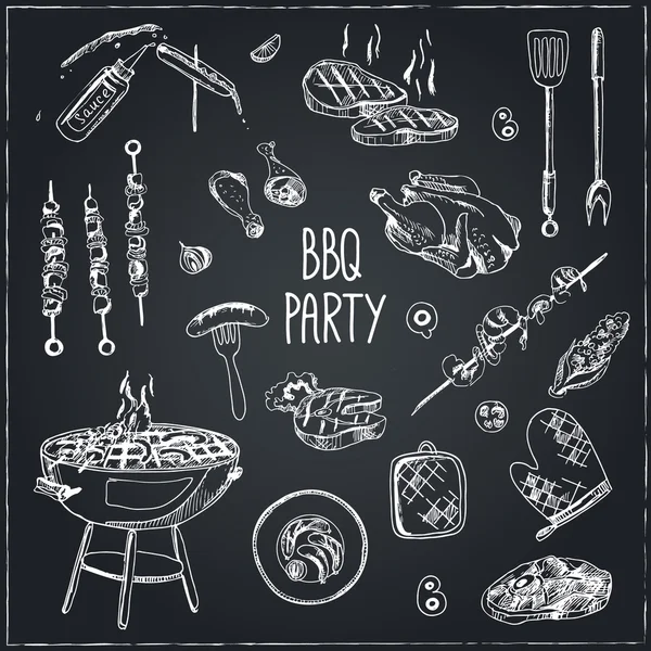 Ensemble vectoriel dessiné à la main avec outils barbecue . — Image vectorielle