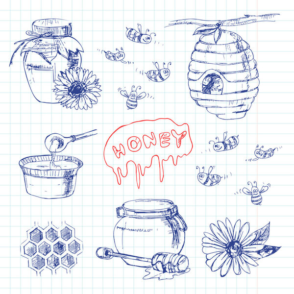 Hand drawn vector set with honey elements.