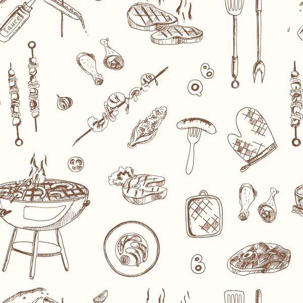 Vector hand drawn set with barbecue seamless pattern. — Stok Vektör