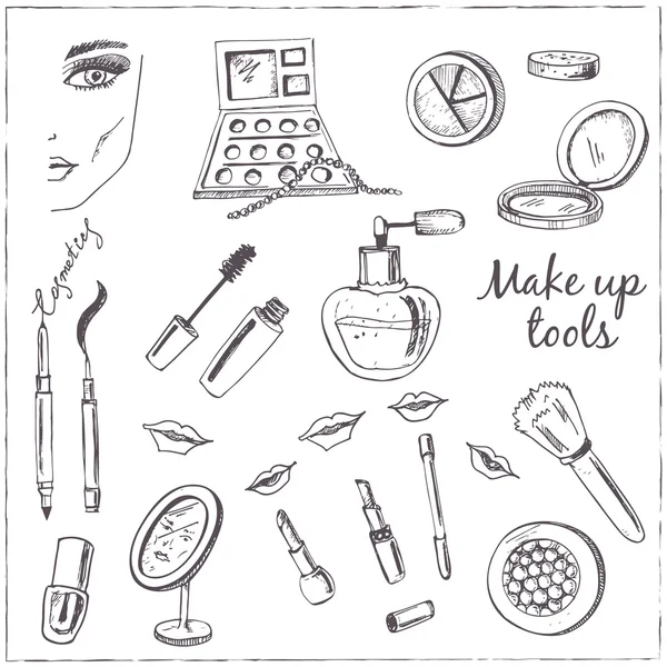 Vector hand getekende tools voor make-up. — Stockvector