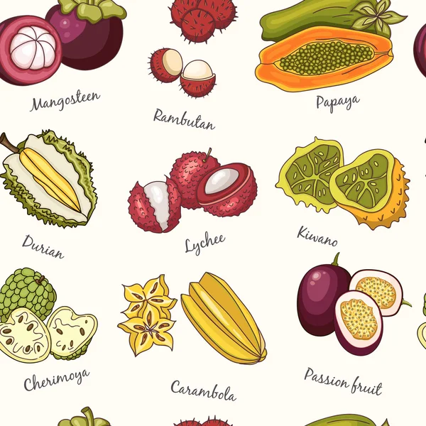 Frutas exóticas patrón sin costura . — Vector de stock