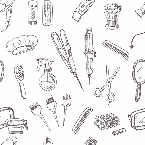 hand drawn Tools for make-up and hairstyle seamless pattern.